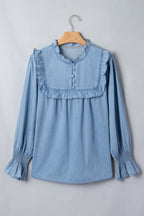 Beau Blue Western Ruffle V Neck Long Sleeve Chambray Blouse
