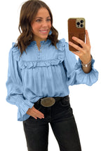 Beau Blue Western Ruffle V Neck Long Sleeve Chambray Blouse