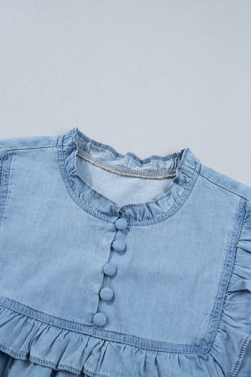 Beau Blue Western Ruffle V Neck Long Sleeve Chambray Blouse