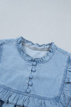 Beau Blue Western Ruffle V Neck Long Sleeve Chambray Blouse