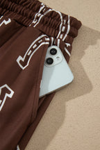 Brown Western Print Elastic Waist Pocket 2pcs Pant Set
