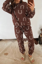 Brown Western Print Elastic Waist Pocket 2pcs Pant Set