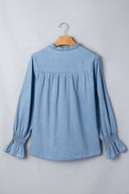 Beau Blue Western Ruffle V Neck Long Sleeve Chambray Blouse