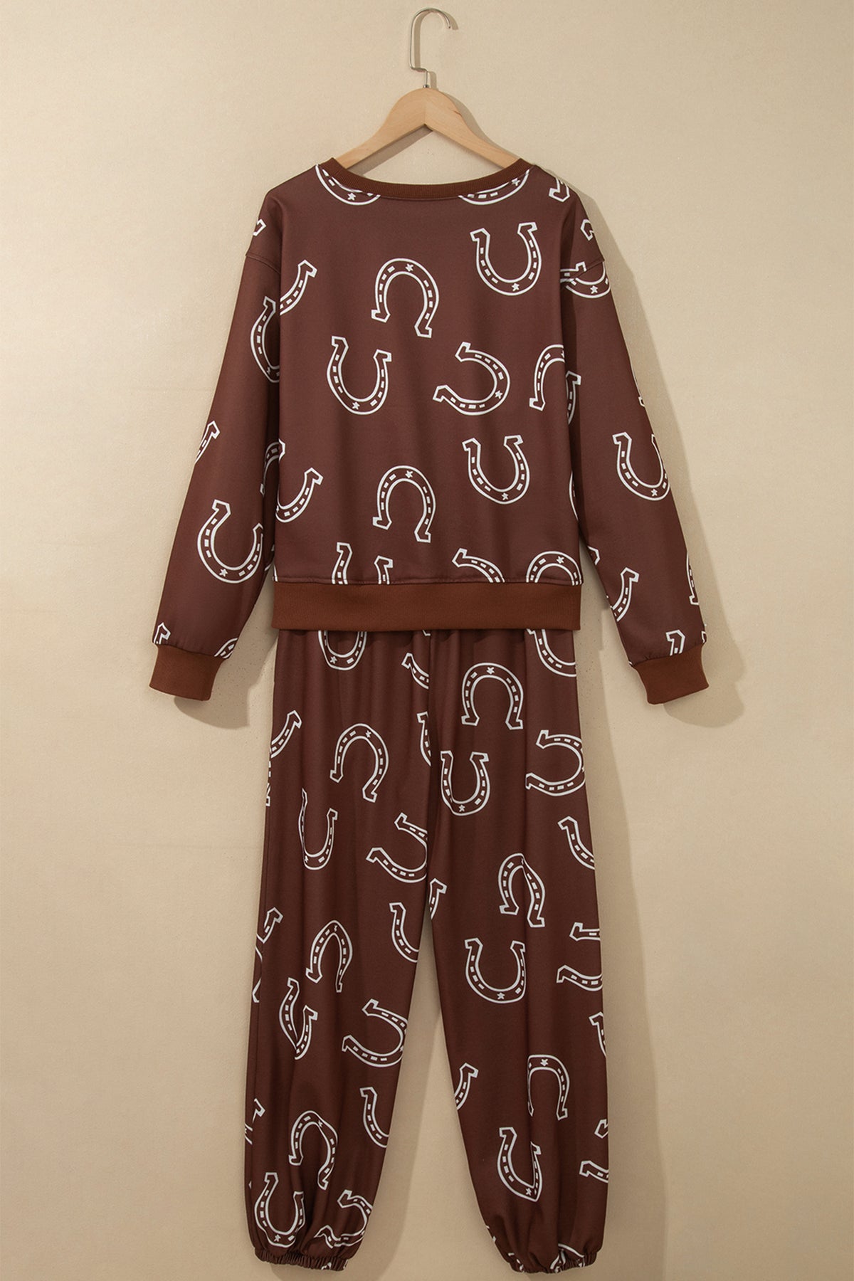 Brown Western Print Elastic Waist Pocket 2pcs Pant Set