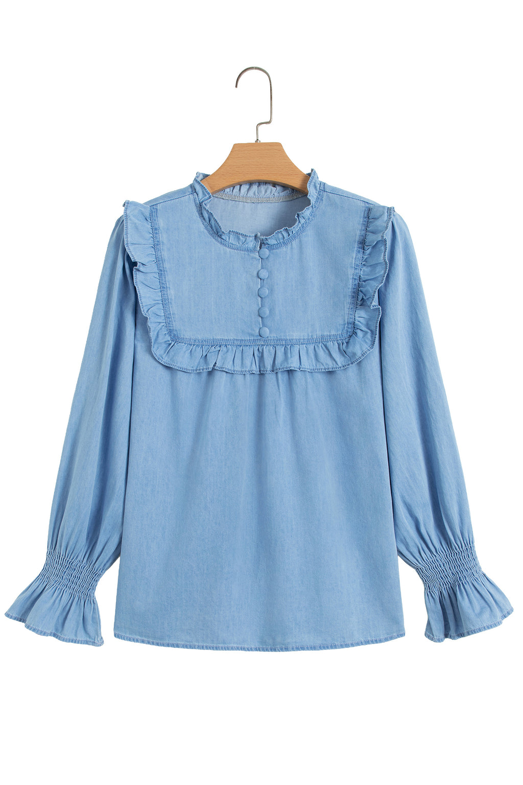 Beau Blue Western Ruffle V Neck Long Sleeve Chambray Blouse