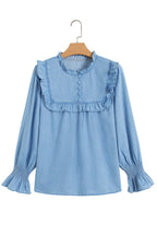 Beau Blue Western Ruffle V Neck Long Sleeve Chambray Blouse