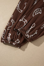 Brown Western Print Elastic Waist Pocket 2pcs Pant Set