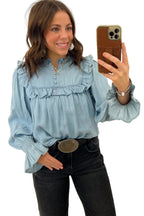 Beau Blue Western Ruffle V Neck Long Sleeve Chambray Blouse