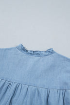 Beau Blue Western Ruffle V Neck Long Sleeve Chambray Blouse