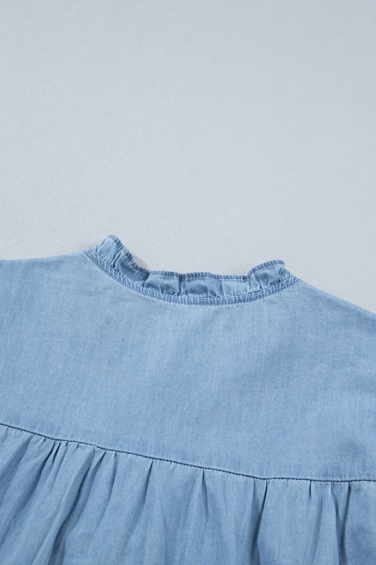 Beau Blue Western Ruffle V Neck Long Sleeve Chambray Blouse