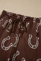 Brown Western Print Elastic Waist Pocket 2pcs Pant Set