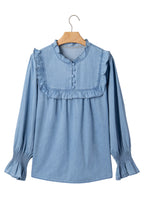 Beau Blue Western Ruffle V Neck Long Sleeve Chambray Blouse