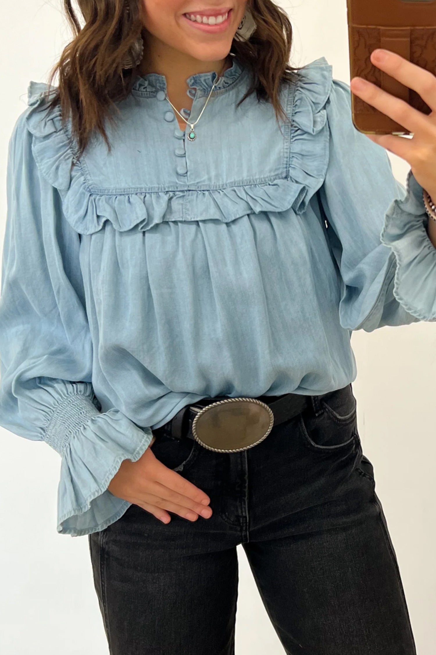 Beau Blue Western Ruffle V Neck Long Sleeve Chambray Blouse